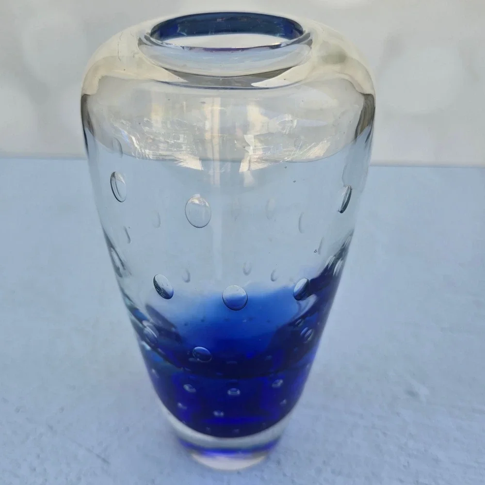Cobalt Blue Controlled Bubble Art Glass Vase Heavy Clear Glass Bullicante 8in